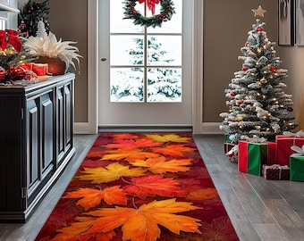 Alfombra vibrante de hojas de arce: estampado otoñal en tonos naranja y amarillo, cálido diseño otoñal, decoración natural.