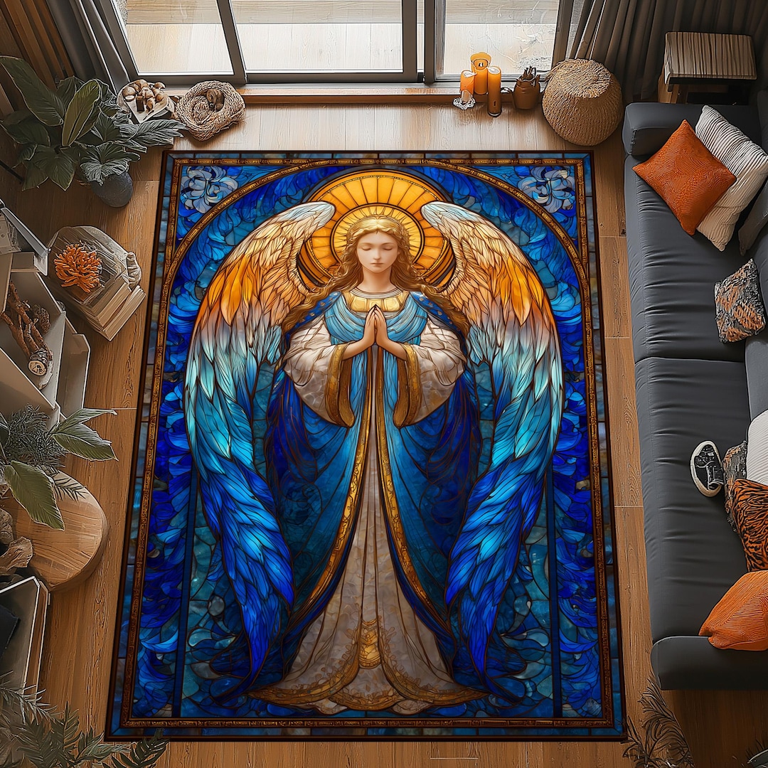 Stained Glass Rug Design Angel Stained Glass Rug: Blue Gold Sacred Design, Heavenly Light ...