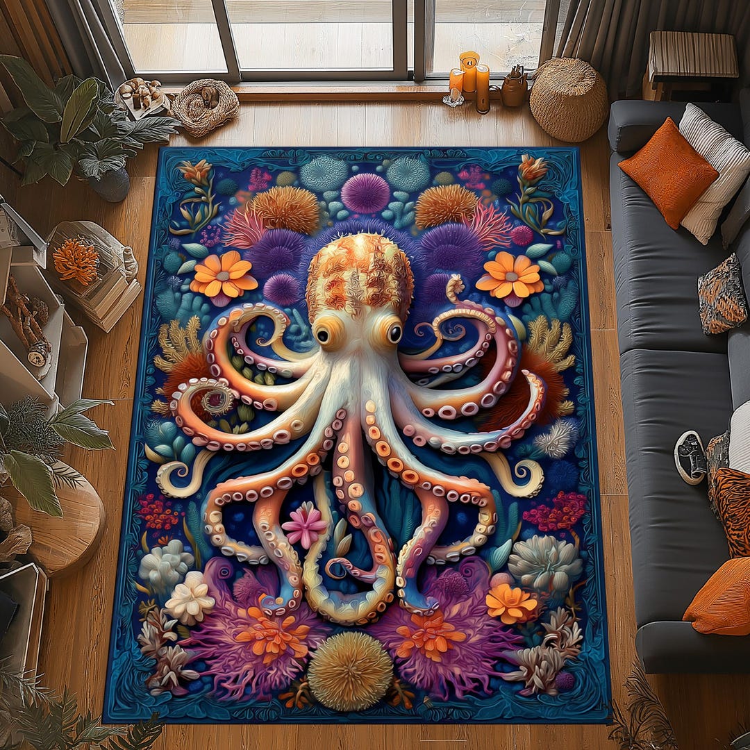 Octopus Channel Rug Octopus Ocean Rug: Colorful Coral Reef Design, Deep Sea Creature ...