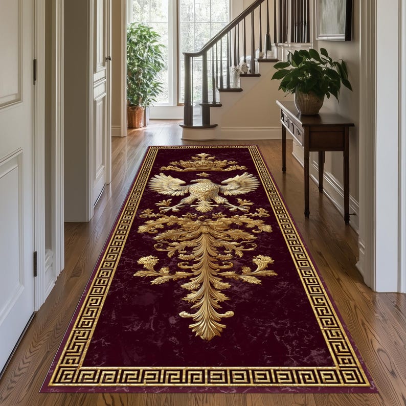 Imperial Eagle Runner Rug: Gold Baroque Pattern, Royal Greek Key Border ...