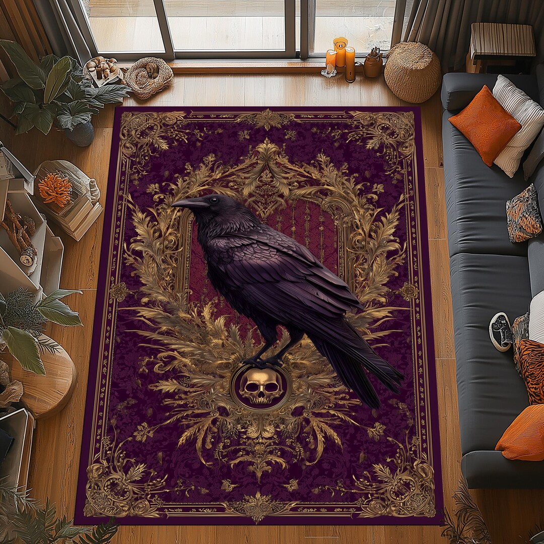 Gothic Raven Rug: Baroque Skull Design, Dark Purple Gold Accents ...