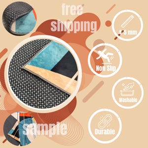 May include: A geometric rug sample with a teal, black, and orange design. The rug is 4.5 mm thick, non-slip, washable, and durable. The image also includes the words "free shipping" and "sample".