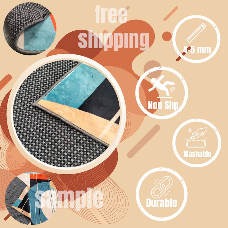 May include: A geometric rug sample with a teal, black, and orange design. The rug is 4.5 mm thick, non-slip, washable, and durable. The image also includes the words "free shipping" and "sample".