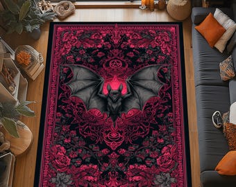 Gothic Bat Rug: Crimson Floral Pattern, Occult Pentagram Design, Witchy Mystical Home Accent Carpet