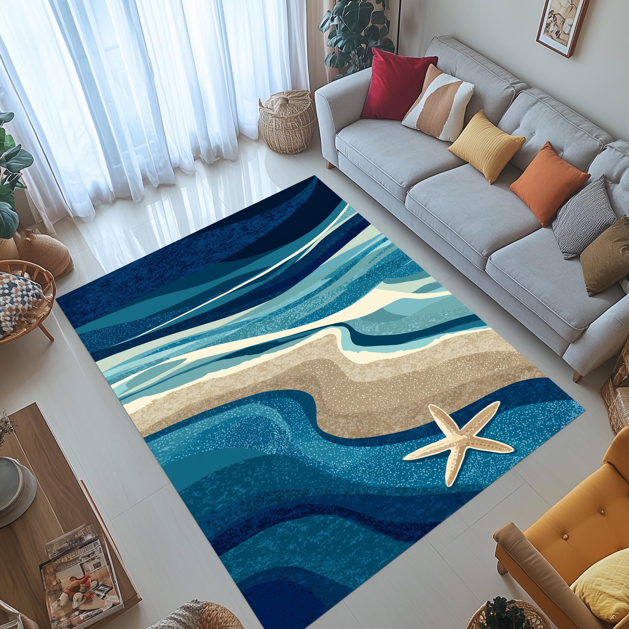Beach Rug Shell Shape Starfish Shore Rug: Abstract Coastal Wave Pattern, Blue Beige Tones ...