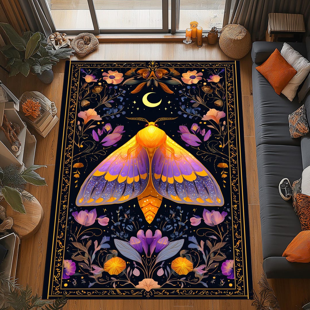 Mystic Moth Rug: Moonlit Floral Design, Gold Purple Wings Pattern ...