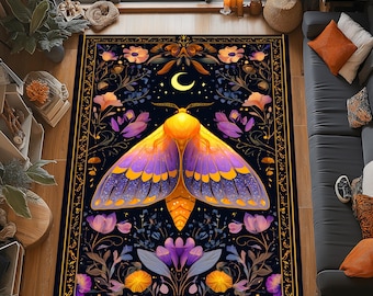 Mystischer Motten Teppich: Mondschein Blumenmuster, Gold Lila Flügel Muster, Himmlische Nacht Kunst Dekor