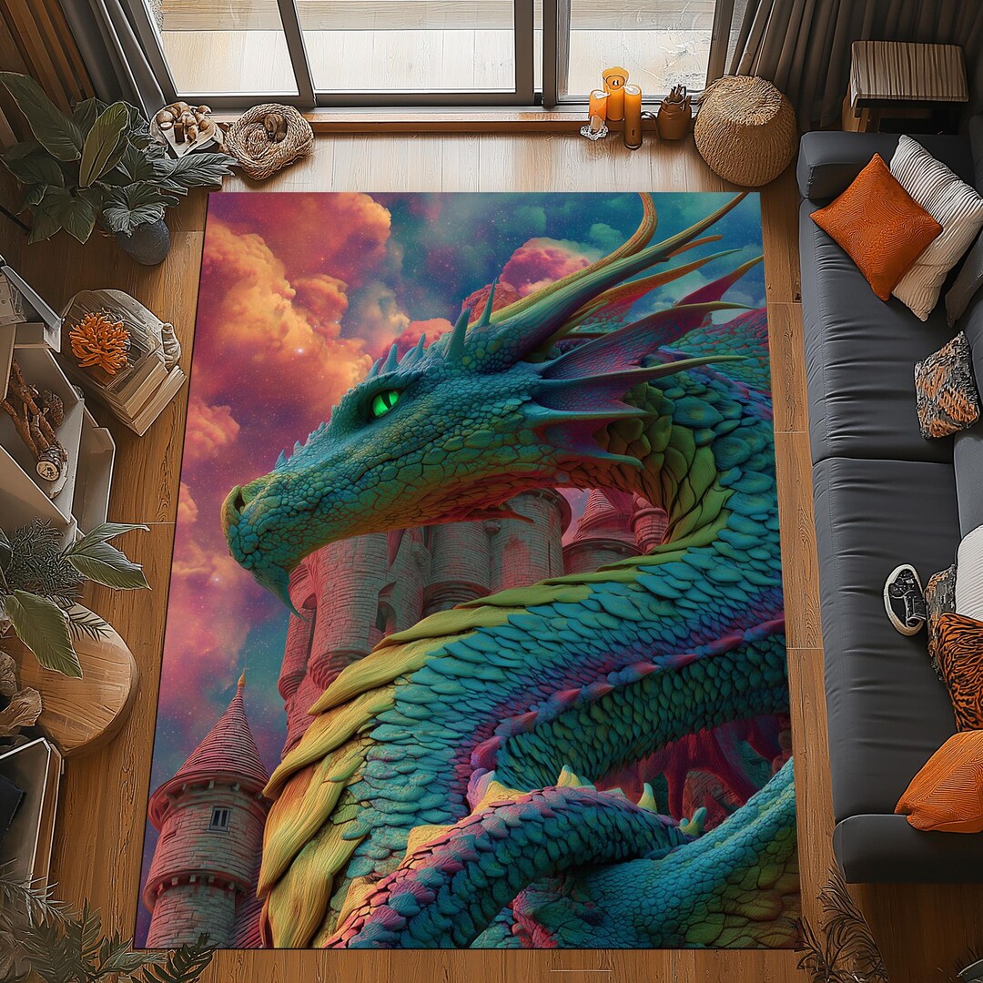 Fantasy Dragon Castle Rug: Majestic Green Scaled Beast,magic Sky Design ...