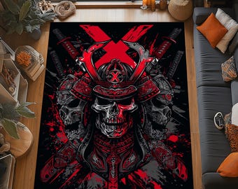 May include: A black area rug featuring a detailed graphic of a samurai skull wearing a red helmet and armor. The design incorporates red and gray accents, with two swords crossed behind the skull. The rug has a bold, artistic aesthetic.