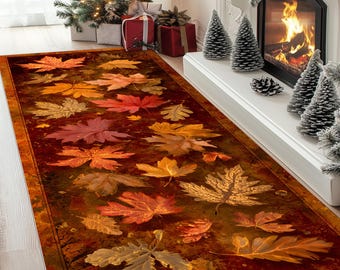 Alfombra de hojas otoñales: estampado de arce dorado, colores rústicos otoñales, acogedora decoración de temporada para el hogar.
