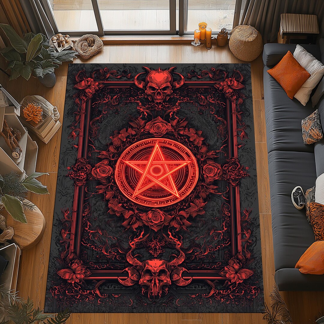 Gothic Pentagram Rug: Red Rose Skull, Occult Altar Carpet - Etsy