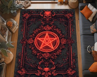 Gothic Pentagram Rug: Red Rose Skull, Occult Altar Carpet