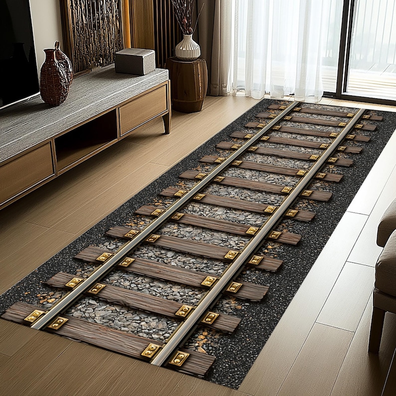 Puede incluir: Una alfombra rectangular con un dise&ntilde;o de v&iacute;a de tren. La alfombra presenta traviesas de madera, grava gris y rieles plateados con fijaciones doradas. La alfombra est&aacute; sobre un fondo gris oscuro.