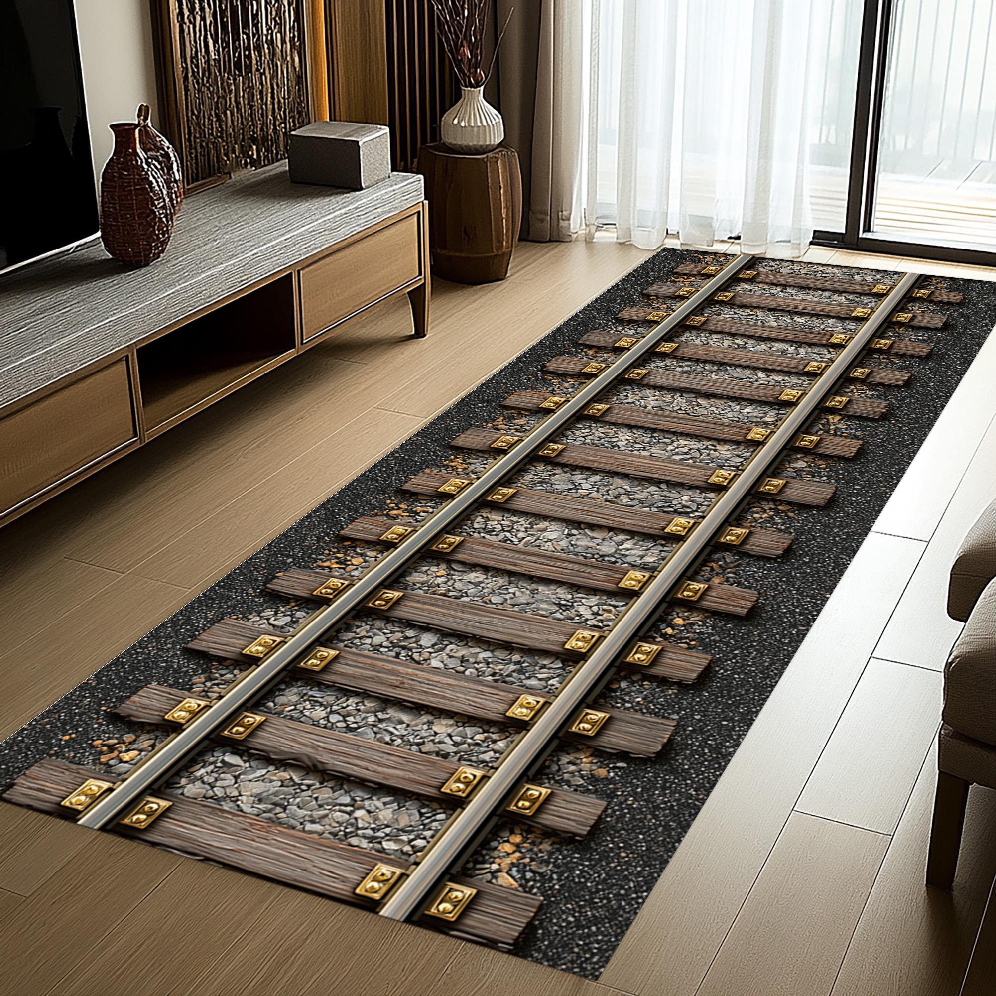 Ariva Train Rug Train Railway Track Runner Rug: Industrial Metal Texture Design, Rustic ...
