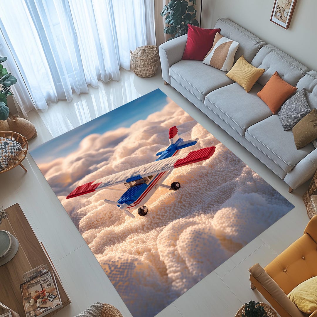 Lego Airplane Rug: Blue Red White Plane Design, Playful Sky Theme, Kids ...