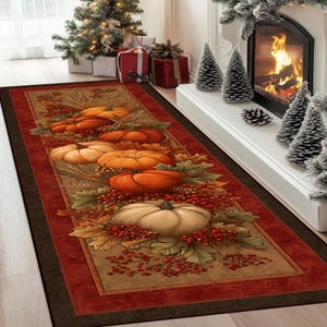 Pode incluir: Um tapete corredor retangular com um design de colheita de outono. Apresenta abóboras laranja e brancas, rodeadas por folhas de outono e bagas vermelhas. A borda é de um vermelho profundo, criando uma estética quente e sazonal. Ideal para corredor ou entrada.