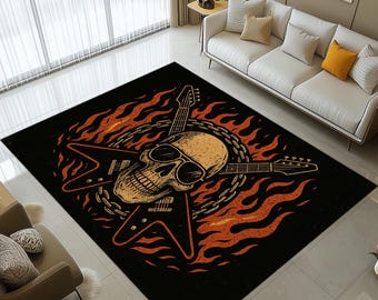 Rock Skull Rug: Flaming Guitar, Vintage Grunge Decor