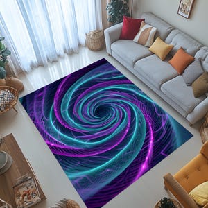 May include: A rectangular area rug with a vibrant, swirling design. The rug features a central vortex pattern in shades of purple, teal, and blue. The design creates an optical illusion of depth and movement, suitable for a living room or bedroom.