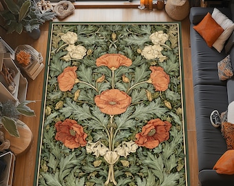 Alfombra botánica William Morris Poppy: Alfombra de terracota verde, diseño floral clásico, decoración natural para el hogar