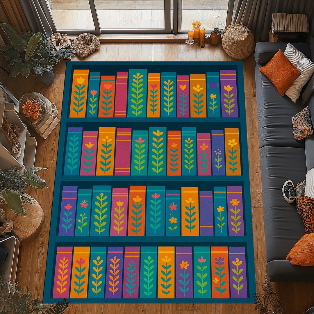 National Library Rug Colorful Bookshelf Rug: Floral Spine Design, Bright Modern Library ...
