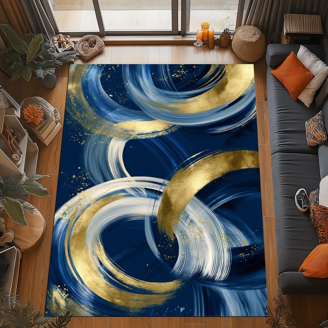 Abstract Blue Gold Rug: Modern Brush Stroke Carpet, Elegant Navy White ...