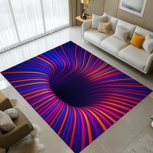 Puede incluir: Una alfombra rectangular con un diseño de ilusión óptica en 3D. La alfombra presenta un centro azul oscuro que parece ser un agujero, rodeado de vibrantes líneas naranjas, rosas y azules, creando un efecto de remolino.