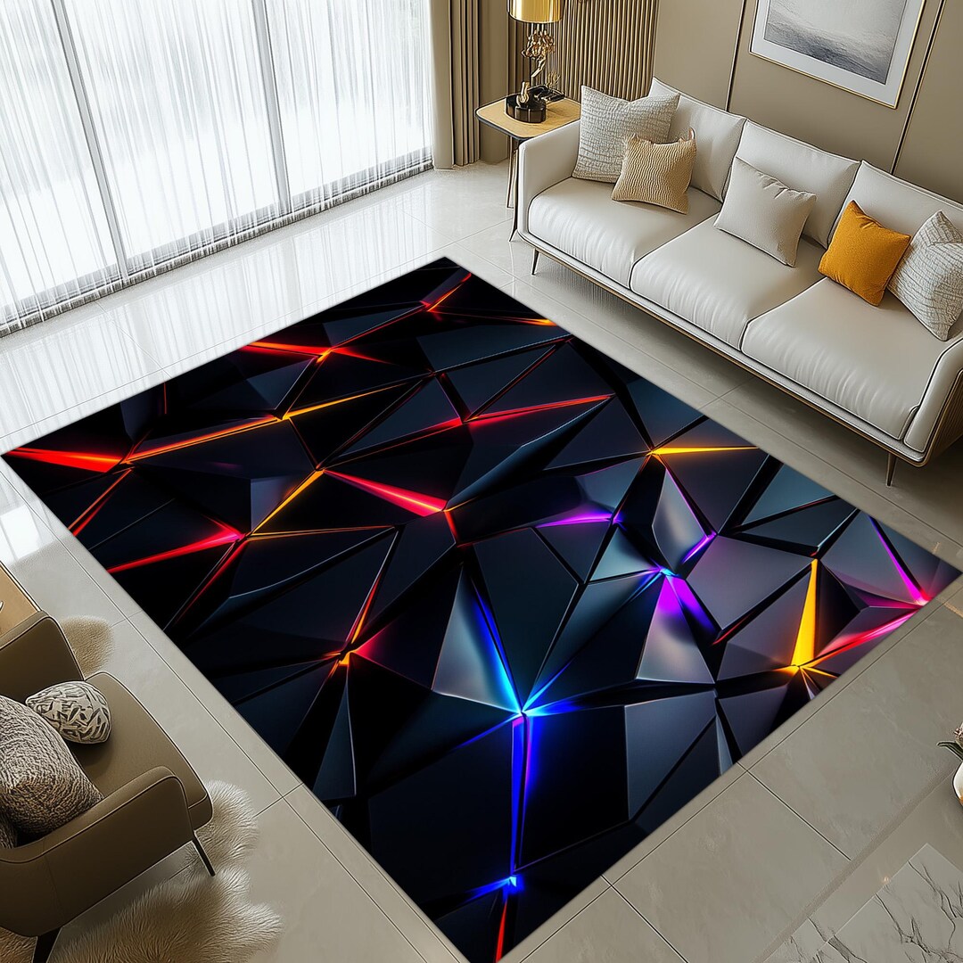 Futuristic Polygon Light Rug, Black Neon Geometric Design, Modern Cyber ...