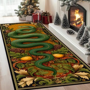 May include: A rectangular rug with a green snake design and gold detailing, set against a yellow and black floral pattern. The rug is decorated with pine cones and stylized foliage.