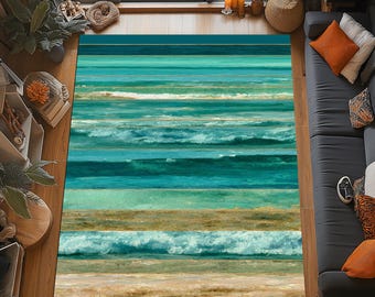 Ocean Waves Rug: Turquoise Sea Layers Design, Tranquil Coastal Blue Pattern, Serene Beach Home-Decor