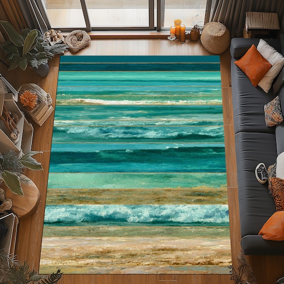 Ocean Waves Rug: Turquoise Sea Layers Design, Tranquil Coastal Blue Pattern, Serene Beach Home-Decor
