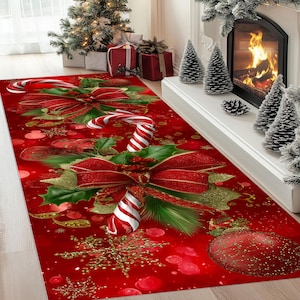 May include: A festive red Christmas runner rug featuring candy canes, red bows, holly, and gold accents. The rug has a repeating pattern of Christmas ornaments and snowflakes, creating a holiday theme.