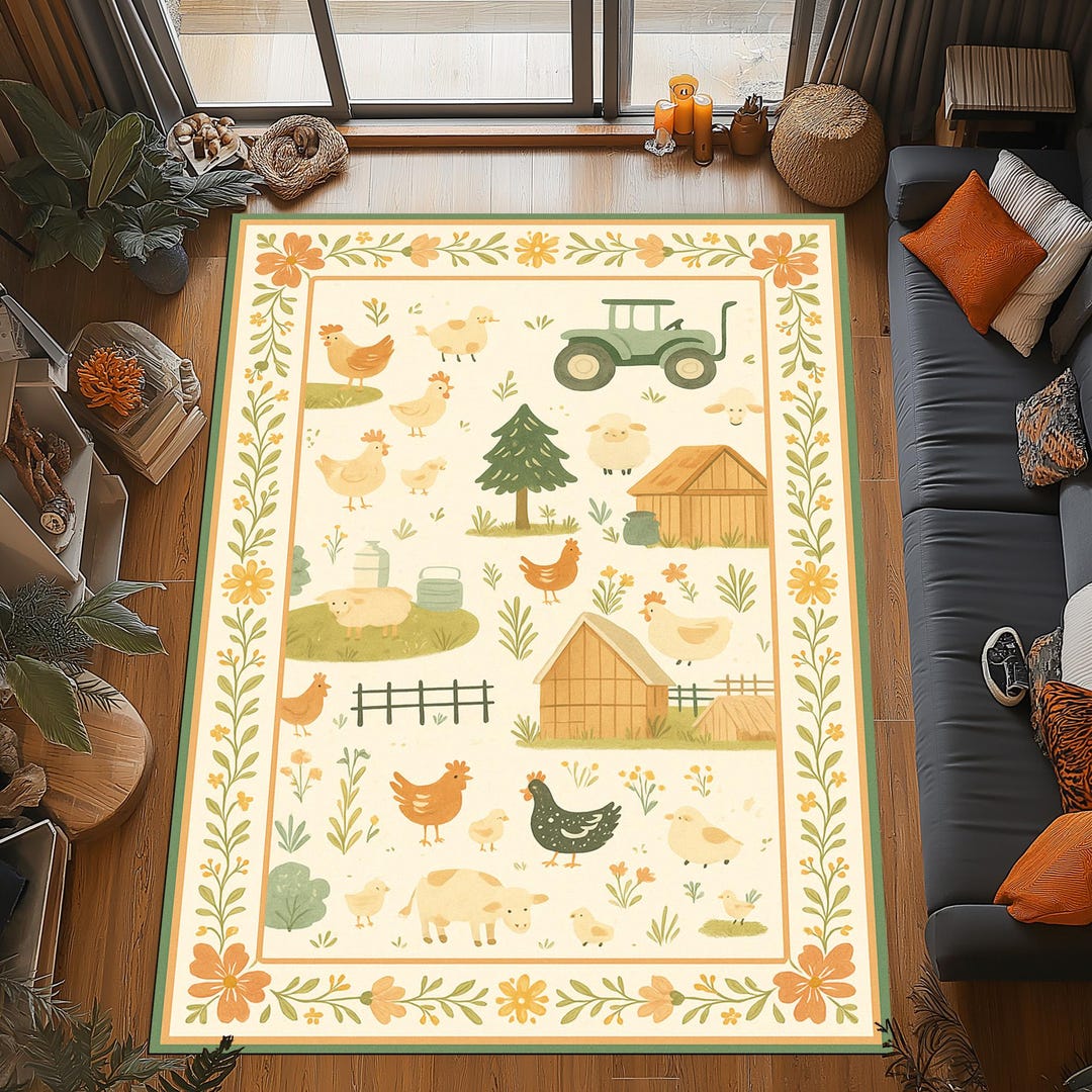 Farmhouse Animal Rug: Country Barnyard Scene, Pastel Beige Green Tones ...