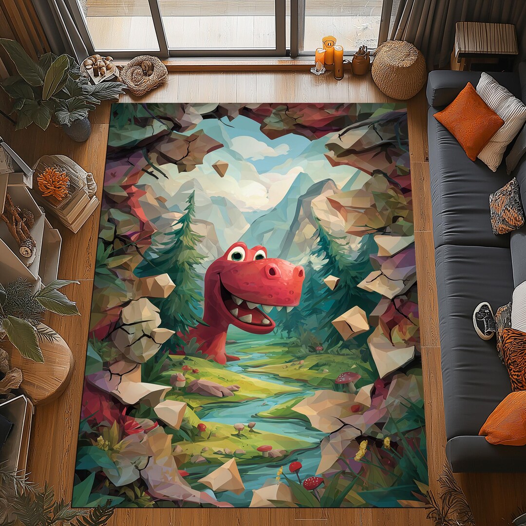 Minecraft Dino Rug Cartoon Dinosaur Rug: Fun Red Dino Design, Forest Valley Scene, Kids ...