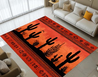 Southwestern Desert Rug: Cactus Silhouette Carpet, Sunset Orange Tribal Design, Rustic Western Decor