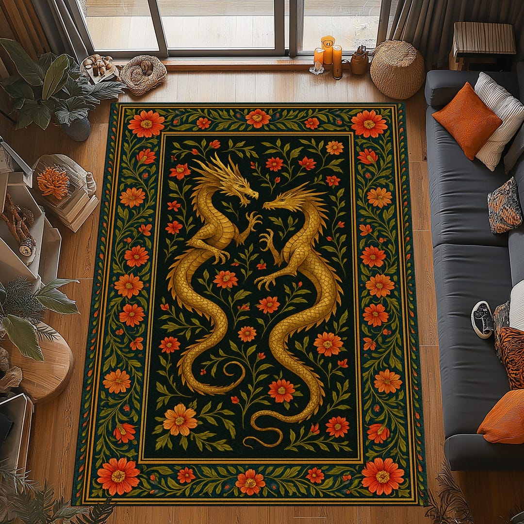 Golden Dragon Rug: Twin Floral Frame Design, Oriental Myth Pattern ...
