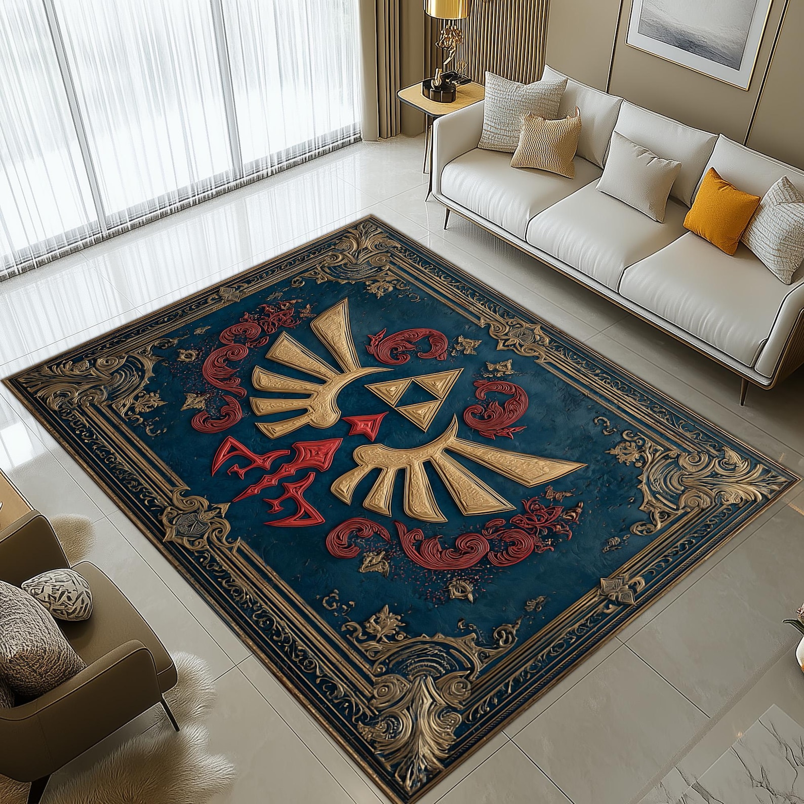 Zelda Triforce Rug: Gold Red Blue Crest Design, Hero Symbol Pattern, Fantasy Gamer Home-Decor - 2.6x3.9Ft(80x120cm)