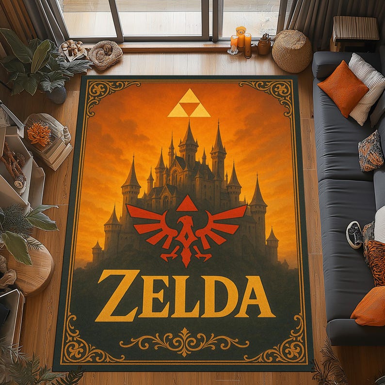 Zelda Castle Rug: Golden Triforce Design, Fantasy Hyrule Decor, Epic ...