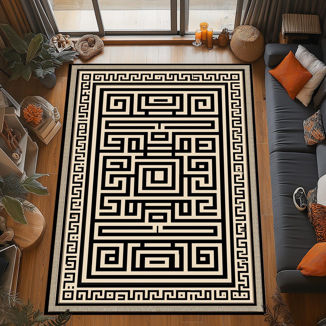 Greek Maze Rug: Beige Black Labyrinth Carpet, Classic Pattern Design ...
