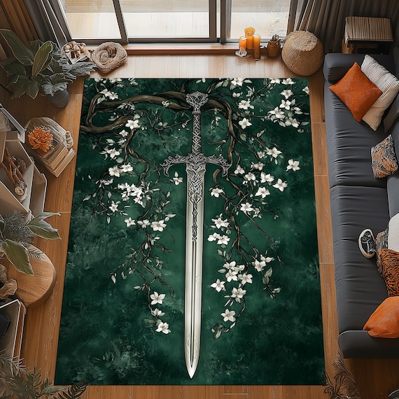 Elven Sword Blossom Rug, Medieval Green Fantasy Decor