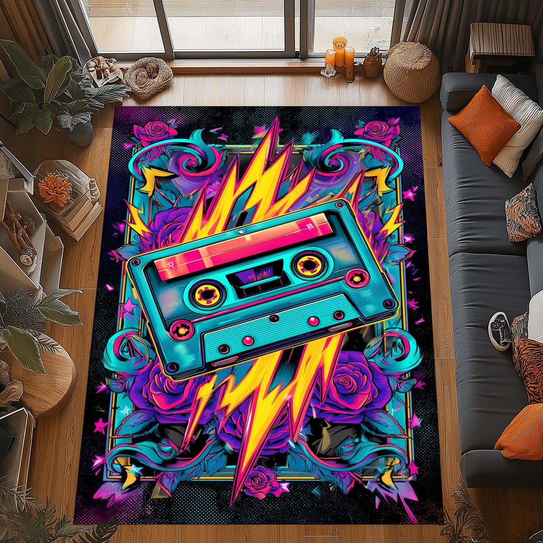 Retro Cassette Rug: Neon Lightning Carpet, 80s Music Pop Design, Gamer ...