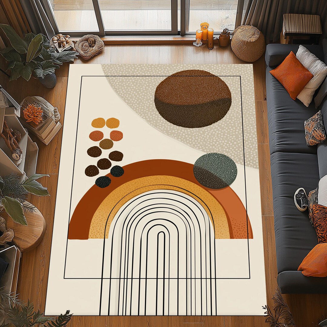 Mid Century Abstract Rug: Retro Rainbow Arch Design, Warm Earth Tone ...