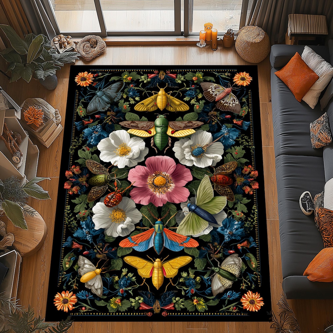 Insect Garden Rug: Botanical Butterfly Design, Floral Bug Pattern ...