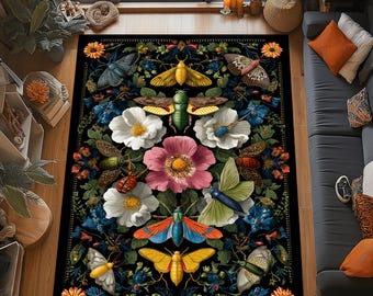 Insect Garden Rug: Botanical Butterfly Design, Floral Bug Pattern, Colorful Nature Art Decor