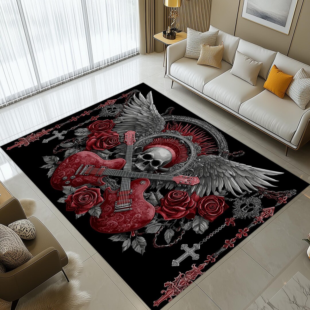 Punk Rugs Rock Skull Rug: Red Guitar Winged Design, Gothic Rose Pattern, Punk ...
