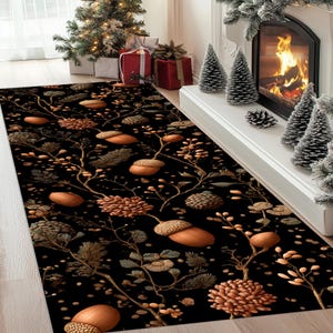 May include: A black runner rug with a botanical design featuring acorns, leaves, and floral elements in shades of brown, tan, and green. The rug is placed in front of a fireplace and Christmas tree.