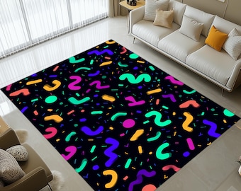 80s Memphis Pattern Rug : Neon Confetti Abstract Design,Retro Colorful  Gaming Room Decor