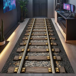 May include: A rectangular rug with a railway track design. The rug features parallel metal rails, wooden sleepers, and a gravel bed. The design creates a 3D effect, suitable for a hallway or entryway.