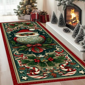 May include: A rectangular Christmas-themed rug featuring a detailed owl wearing a Santa hat. The rug has a dark green background with red and white candy canes, holly, and stars. The border is red.