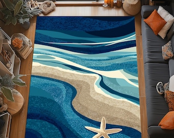 Alfombra Starfish Shore: Diseño abstracto de olas costeras en tonos azul y beige, decoración playera moderna.