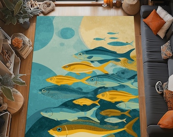 Ocean Fish Rug: Blue Gold Marine Life Design, Underwater Harmony Art, Coastal Home Decor